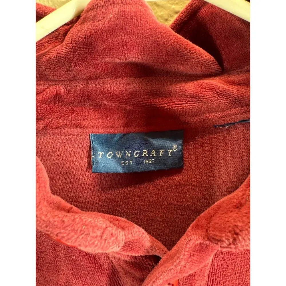 Vintage 80s Towncraft Velour Shirt Henley‎ Polo Sweater Pocket Burgundy Size 16